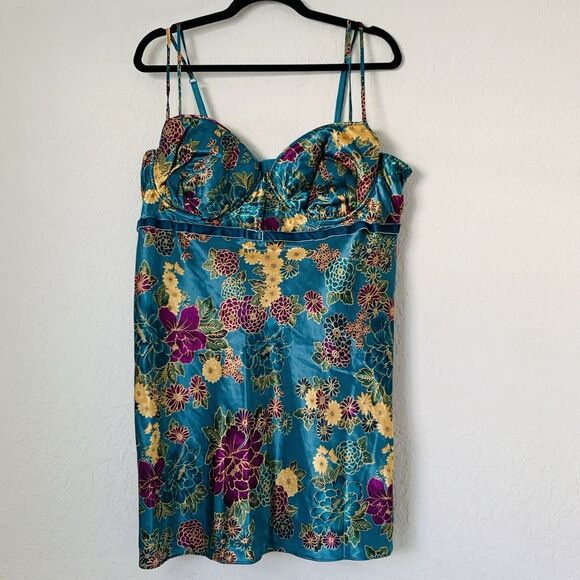 Cacique Other - VTG Cacique Babydoll Chemise Lingerie 22/24 Teal Satin Floral Velvet Underwire